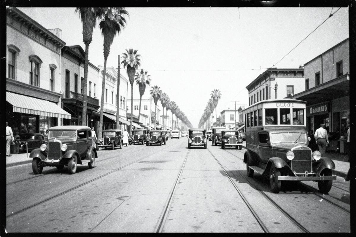 Black-and-white archival photograph of a city street with 1930s automobiles and a streetcar